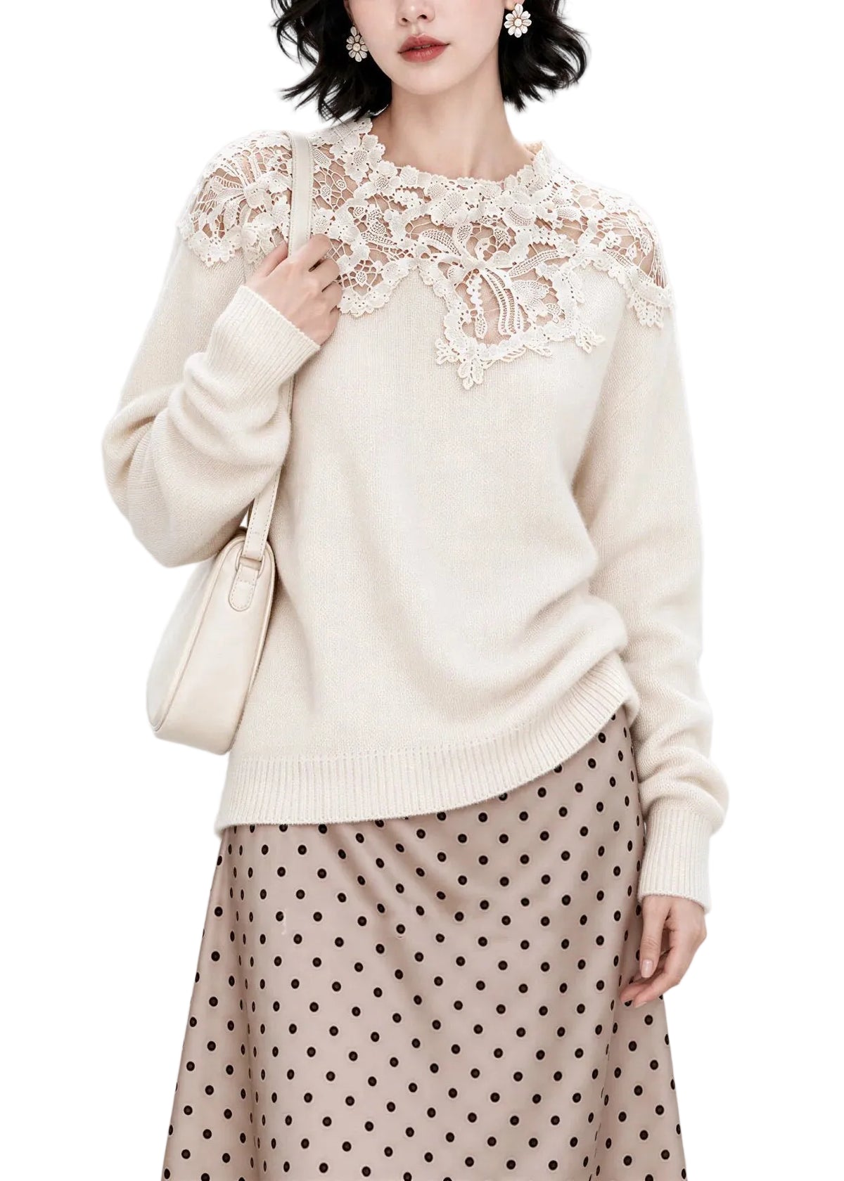 Women's Knit Sweater Lace Patchwork Style 0