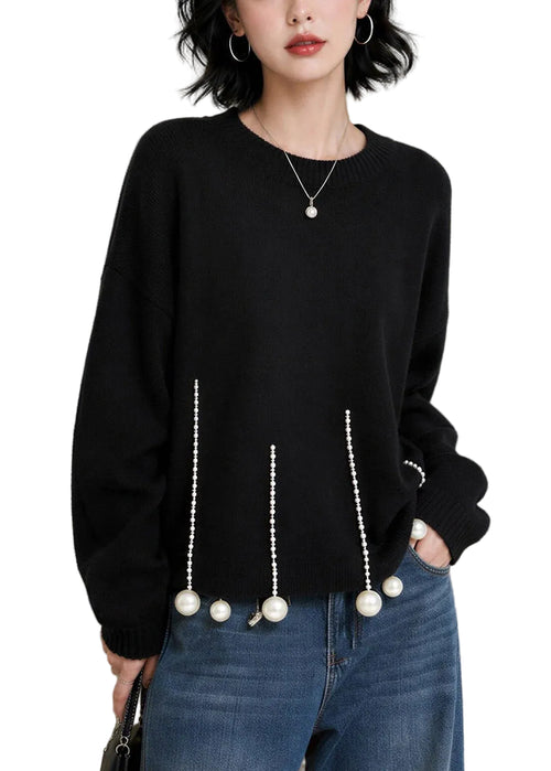 Women's Knit Sweater O-Neck Pearl Detail Long Sleeve 0