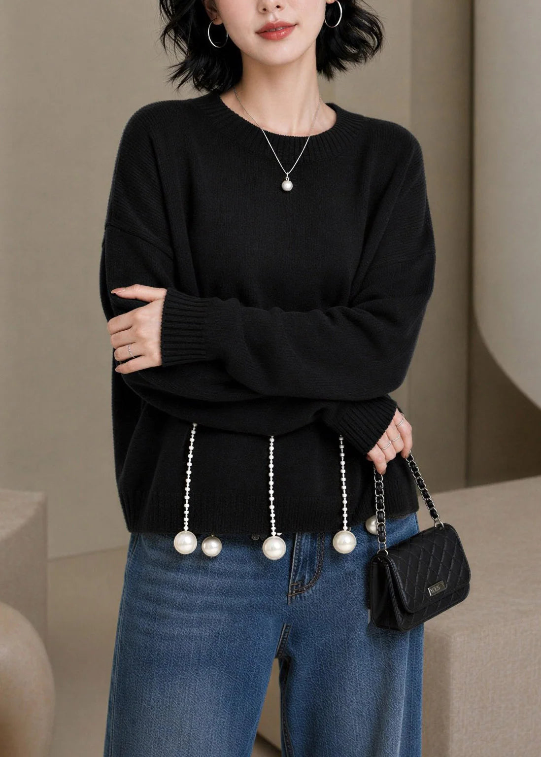 Women's Knit Sweater O-Neck Pearl Detail Long Sleeve 1