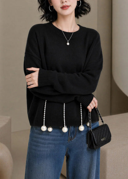 Women's Knit Sweater O-Neck Pearl Detail Long Sleeve 1