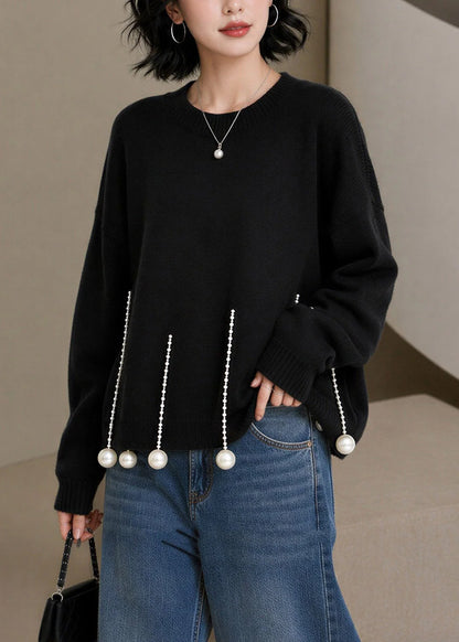 Women's Knit Sweater O-Neck Pearl Detail Long Sleeve 2