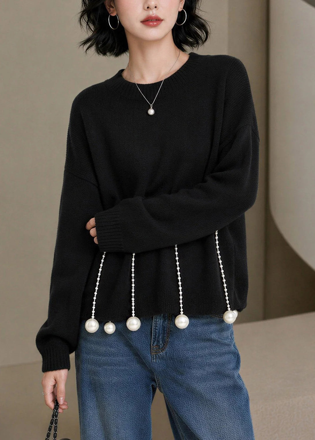Women's Knit Sweater O-Neck Pearl Detail Long Sleeve 3