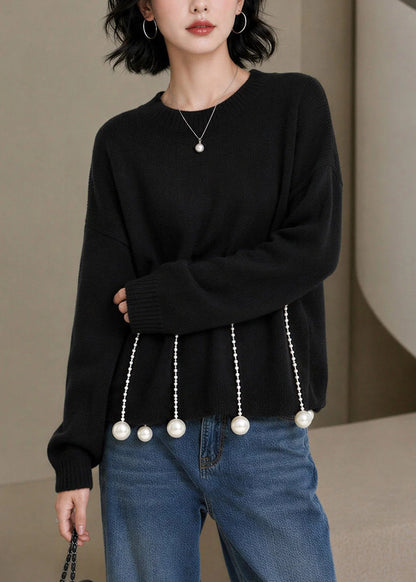Women's Knit Sweater O-Neck Pearl Detail Long Sleeve 3