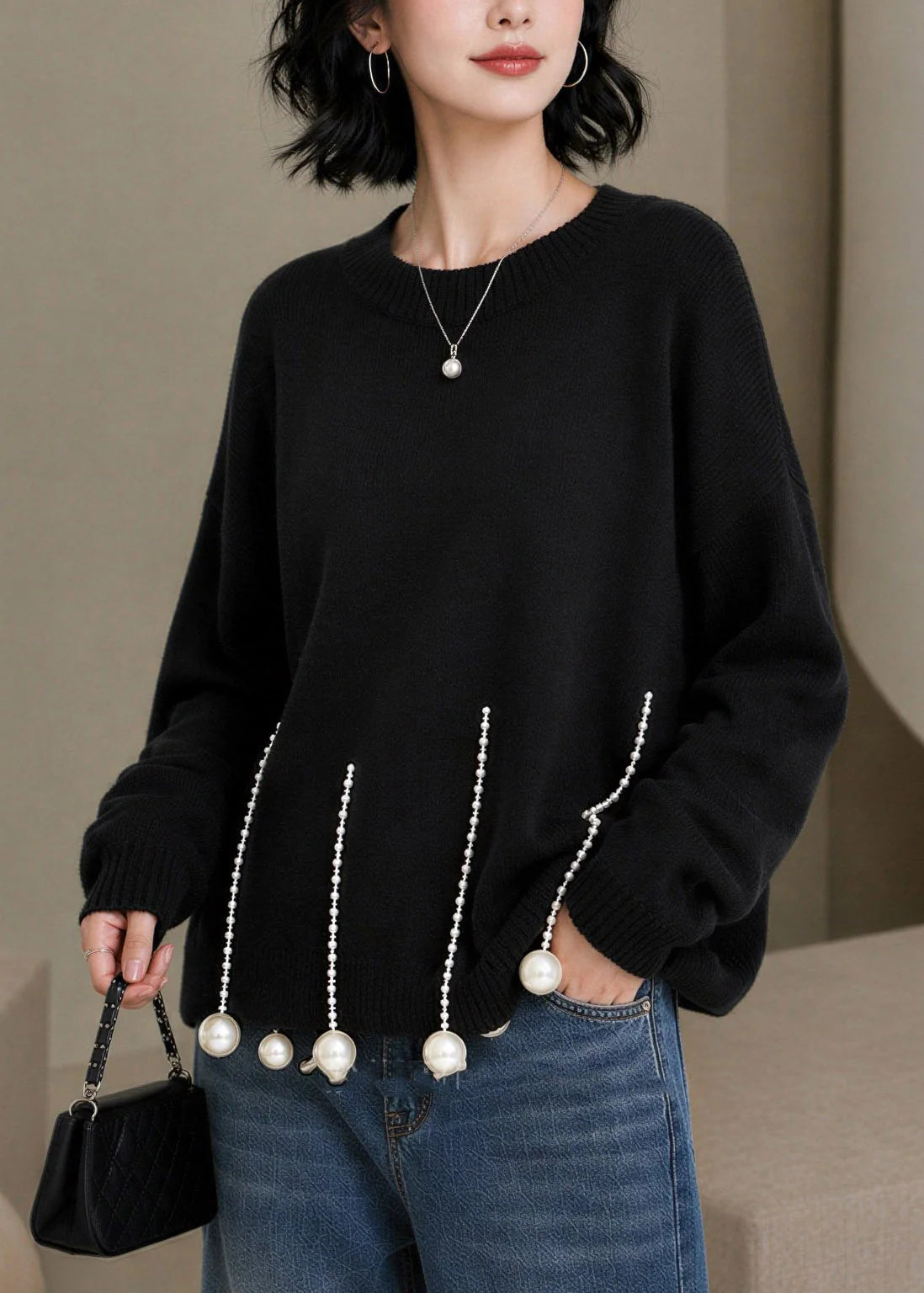 Women's Knit Sweater O-Neck Pearl Detail Long Sleeve 4