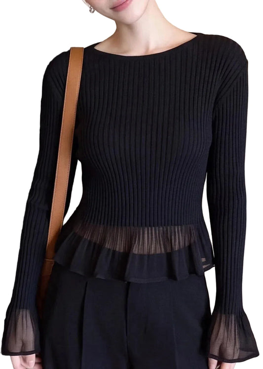 Women's Knit Sweater Ruffled Patchwork Design 0