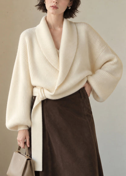 Women's Knit Sweater Wrap Cross Tie Lantern Sleeve 3
