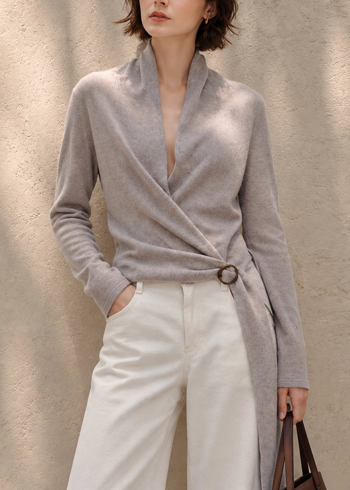 Women's Knit Sweater Wrap Cross V Neck Sash Style 3