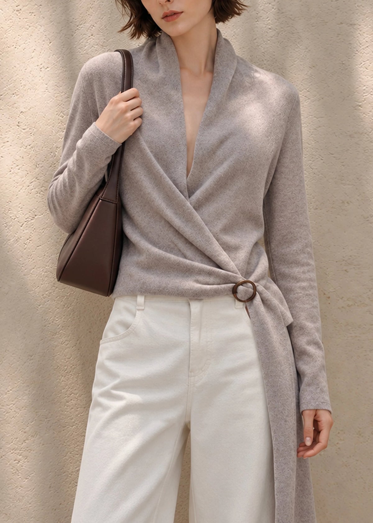 Women's Knit Sweater Wrap Cross V Neck Sash Style 4