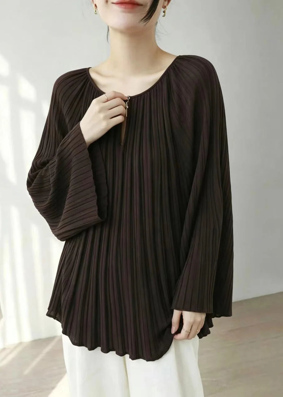 Women's Knit Top Pleated Flare Sleeve O-Neck 2