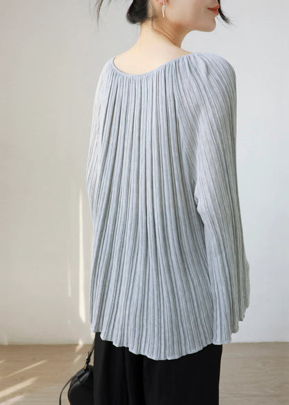 Women's Knit Top Pleated Flare Sleeve O-Neck 3