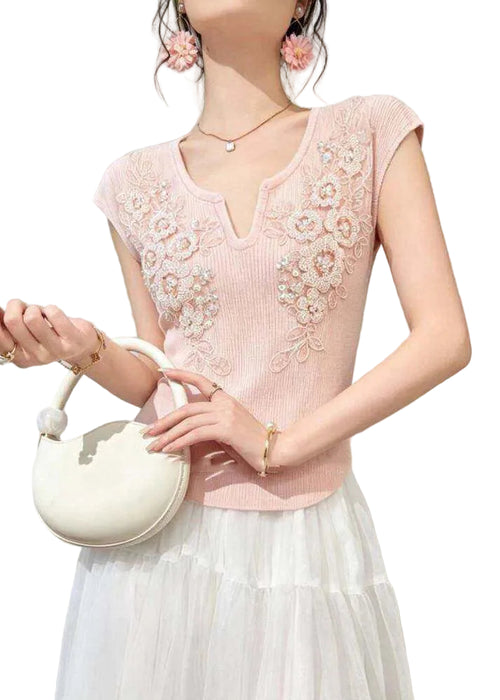Women's Knit Top V Neck Floral Design 1