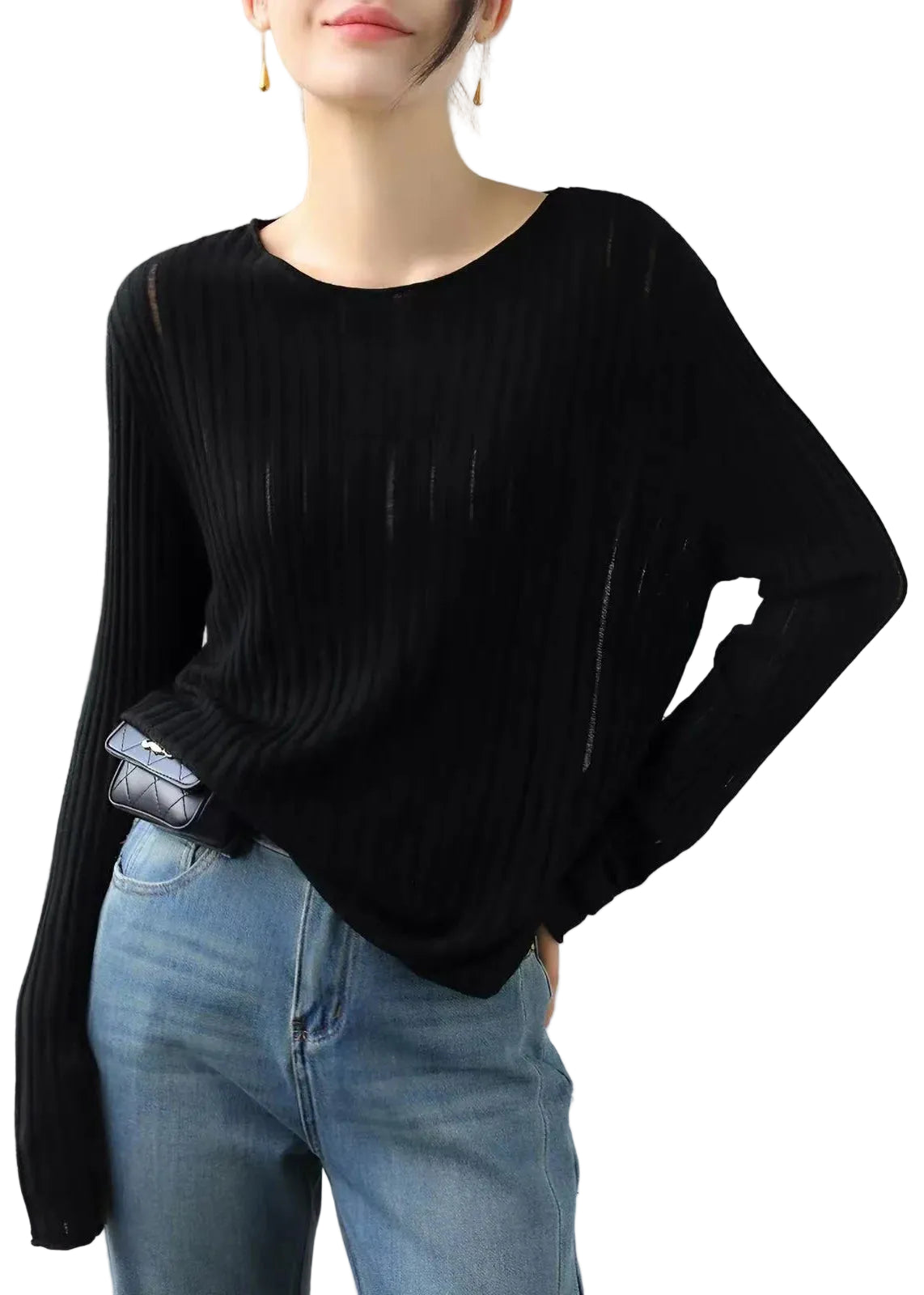 Women's Knit Top Vertical Ribbed Sheer Fit 0