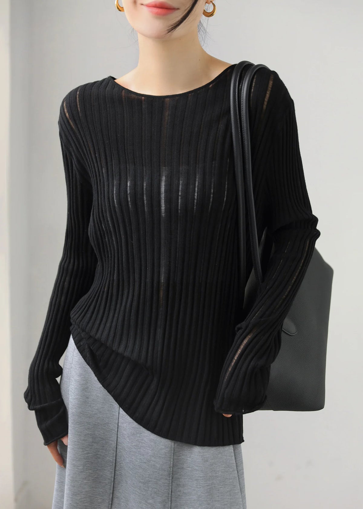 Women's Knit Top Vertical Ribbed Sheer Fit 2