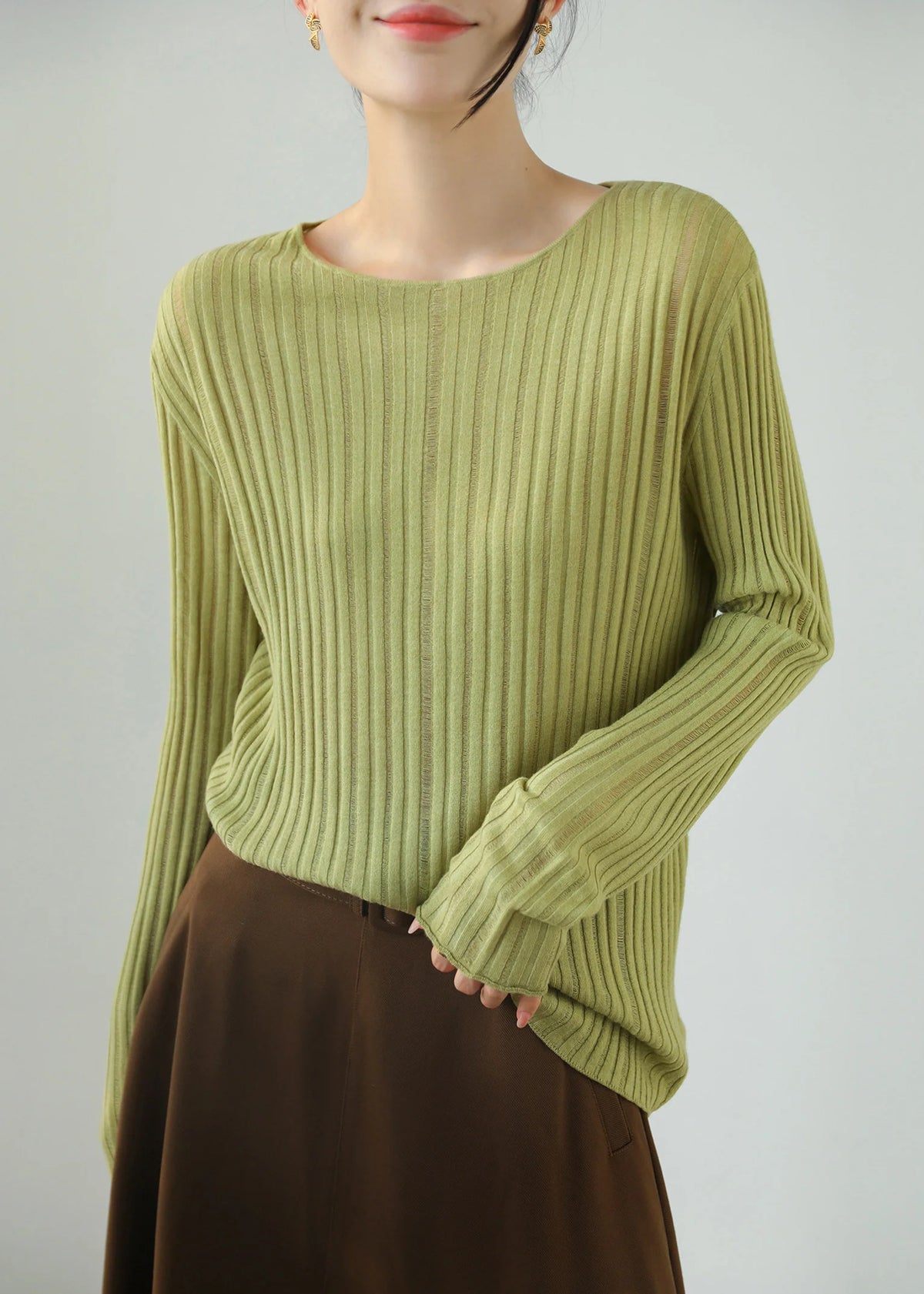 Women's Knit Top Vertical Ribbed Sheer Fit 3