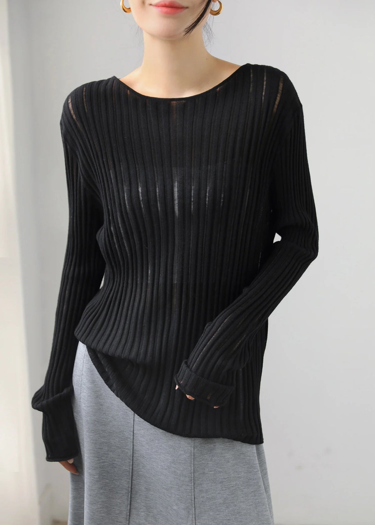 Women's Knit Top Vertical Ribbed Sheer Fit 4