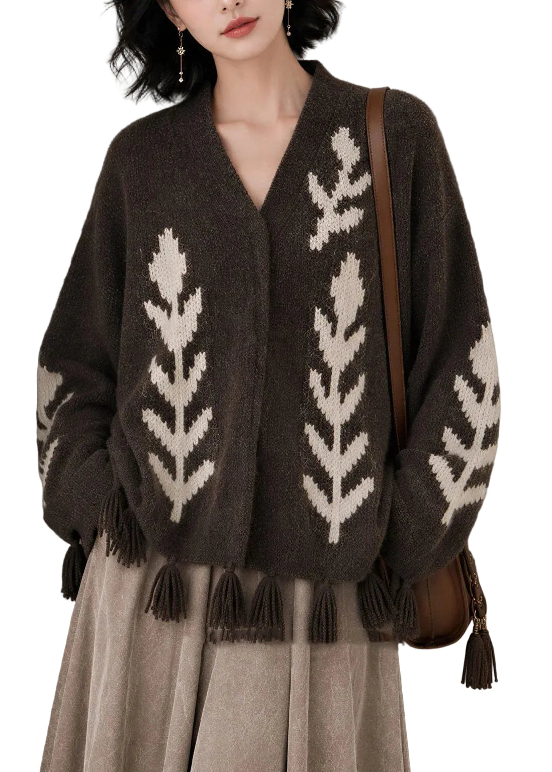 Women's Knitted Cardigan V Neck Tassel Detail Casual Style 0