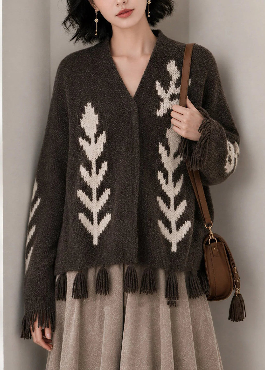 Women's Knitted Cardigan V Neck Tassel Detail Casual Style 1