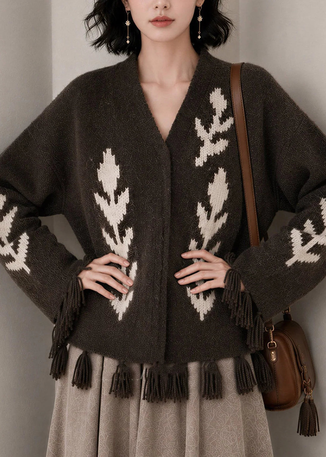 Women's Knitted Cardigan V Neck Tassel Detail Casual Style 2