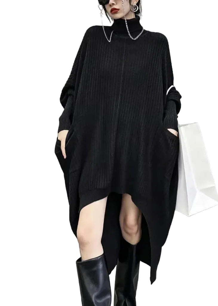 Women's Knitwear Dress Turtleneck Asymmetrical Pockets 0