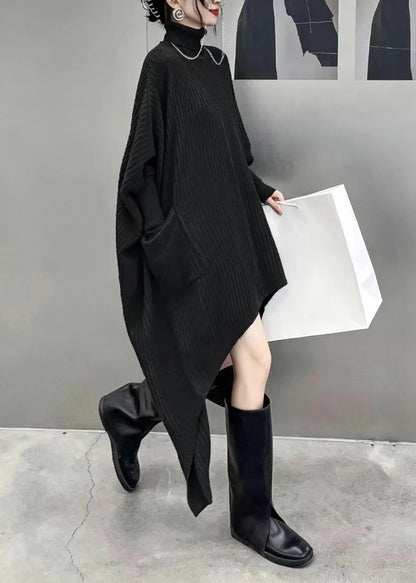 Women's Knitwear Dress Turtleneck Asymmetrical Pockets 2