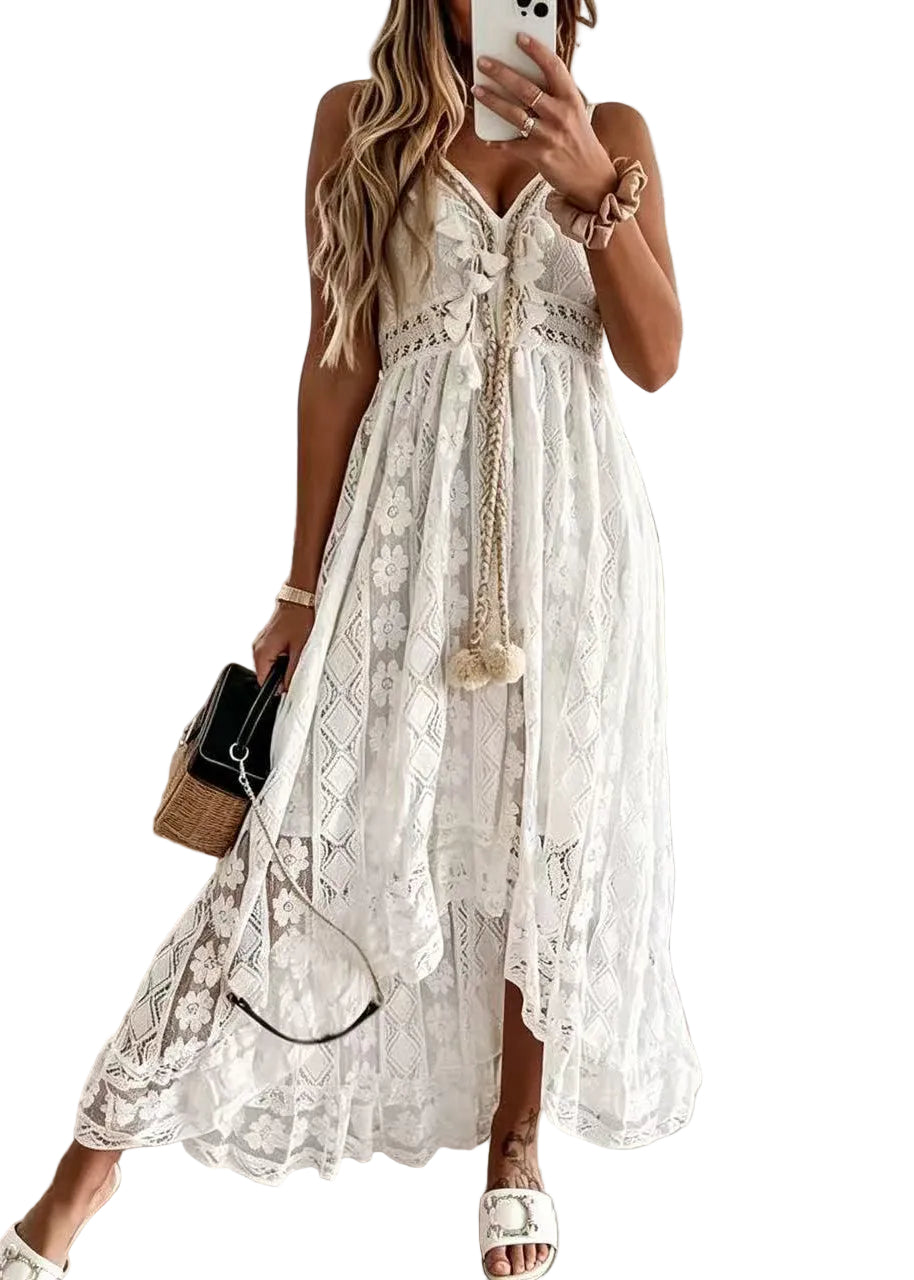 Women's Lace Spaghetti Strap Dress Hollow Out Summer Style 0