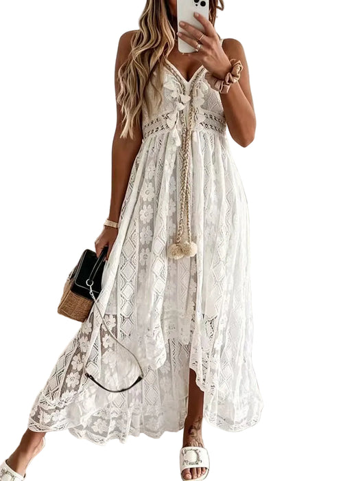Women's Lace Spaghetti Strap Dress Hollow Out Summer Style 0
