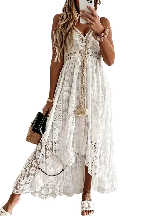 Women's Lace Spaghetti Strap Dress Hollow Out Summer Style 0