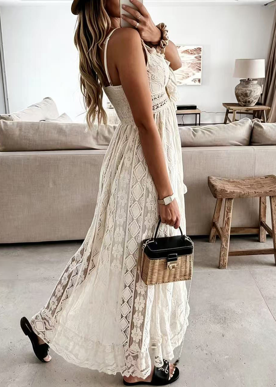 Women's Lace Spaghetti Strap Dress Hollow Out Summer Style 3