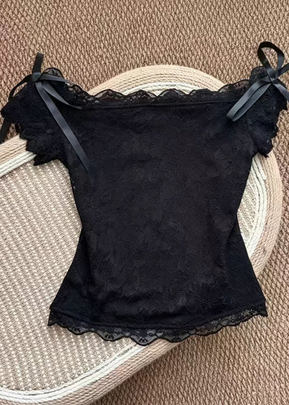Women's Lace Top Slash Neck Bow Detail 0