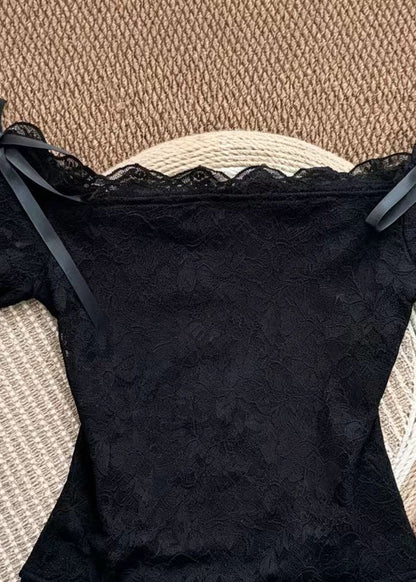 Women's Lace Top Slash Neck Bow Detail 1