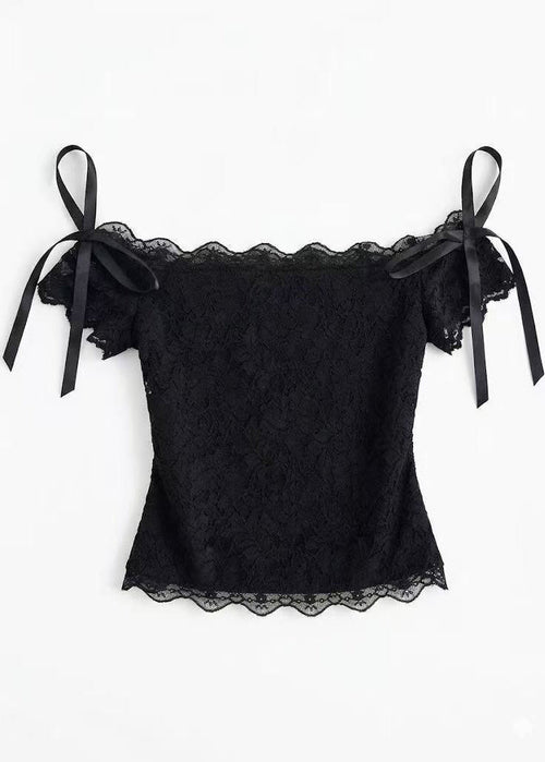 Women's Lace Top Slash Neck Bow Detail 4