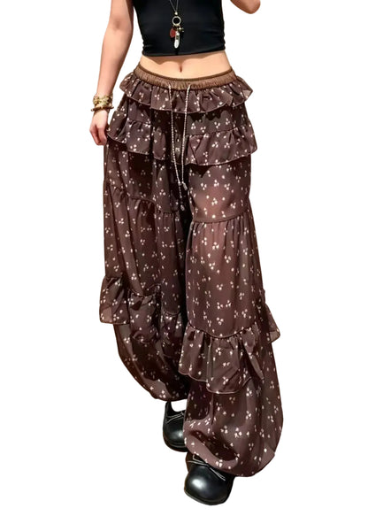 Women's Lantern Trousers Ruffled Drawstring Print 0
