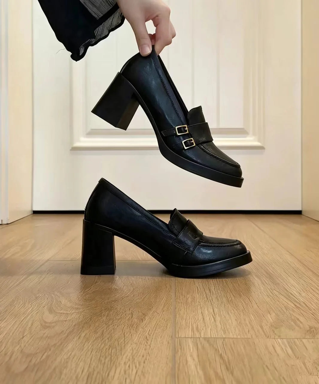 Women's Loafers Vintage Buckle Strap Chunky Heel 4