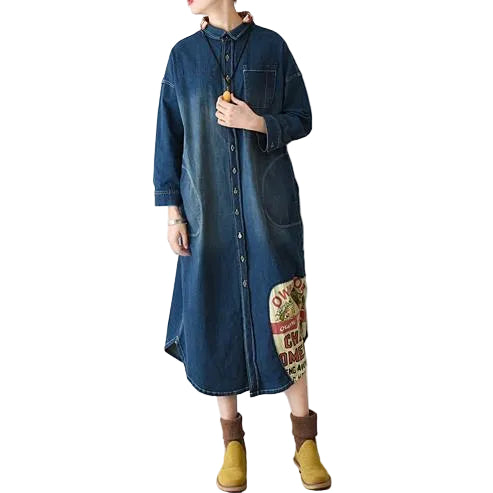 Women's Long Denim Shirt Dress Patchwork Casual Style 0