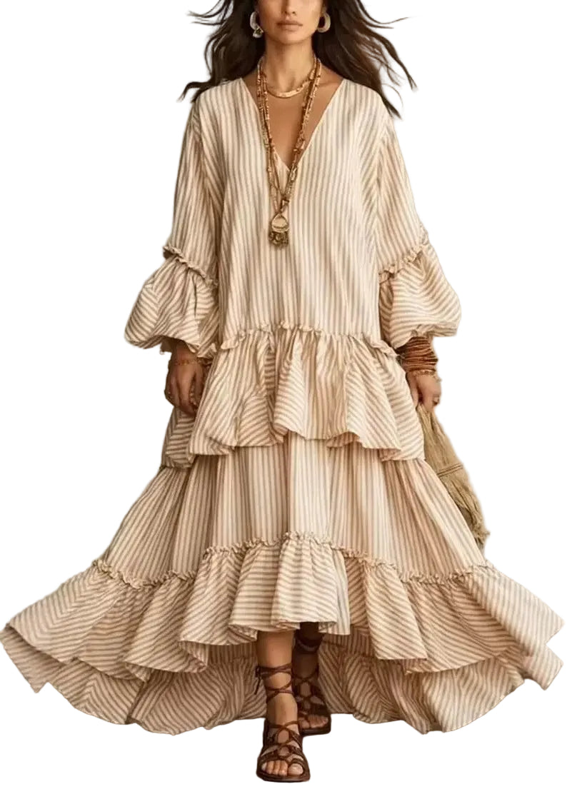 Women's Long Dress Asymmetrical Ruffled V Neck Puff Sleeve 0