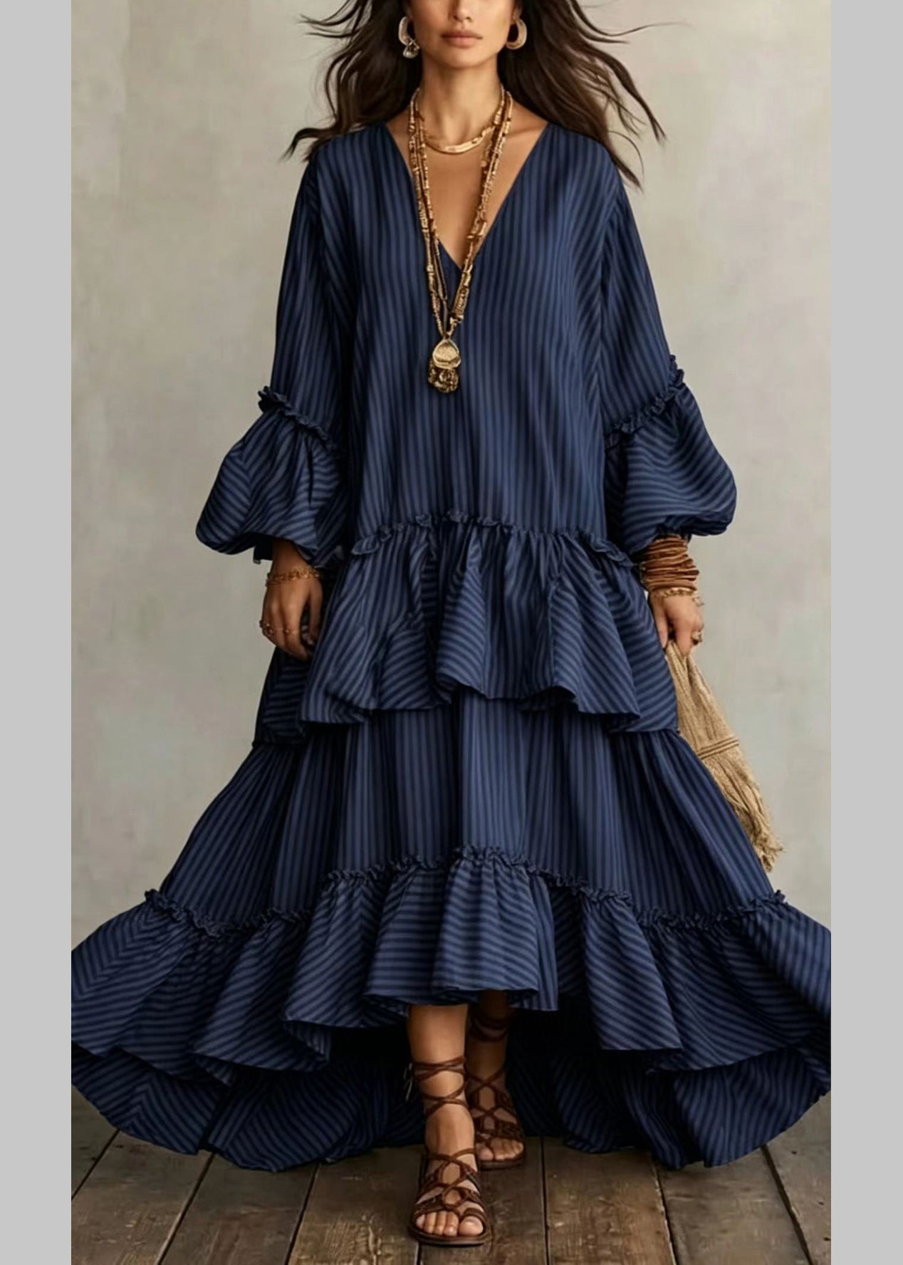 Women's Long Dress Asymmetrical Ruffled V Neck Puff Sleeve 2