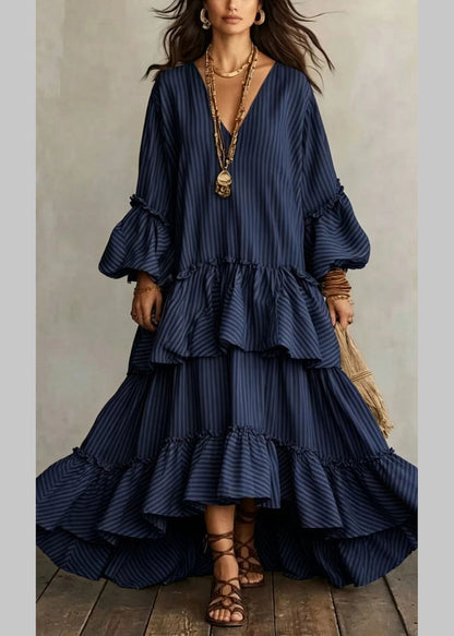 Women's Long Dress Asymmetrical Ruffled V Neck Puff Sleeve 2