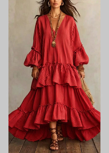 Women's Long Dress Asymmetrical Ruffled V Neck Puff Sleeve 3
