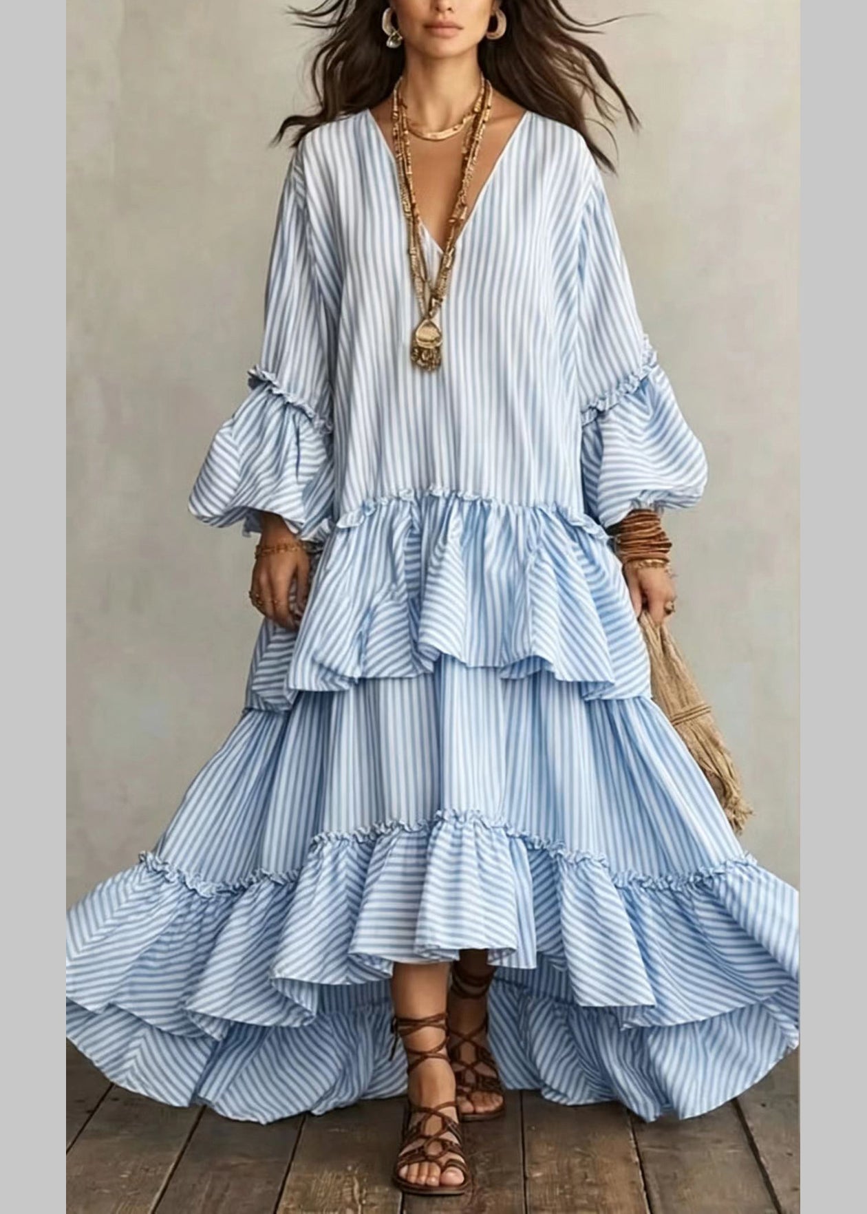 Women's Long Dress Asymmetrical Ruffled V Neck Puff Sleeve 4