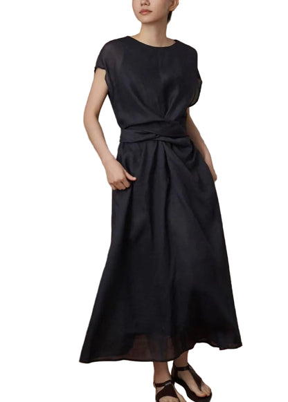 Women's Long Dress Casual Tie Waist O-Neck 0