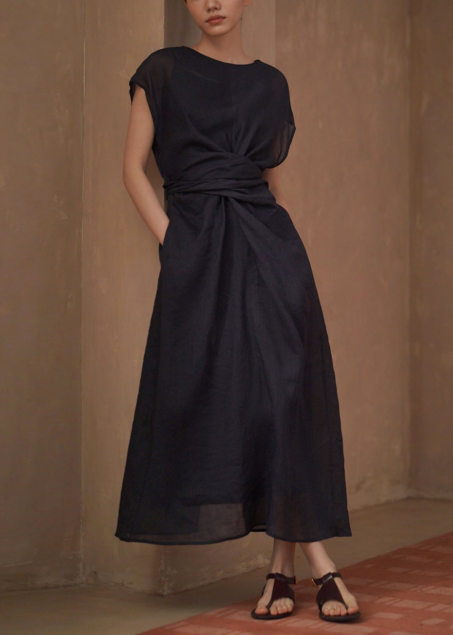 Women's Long Dress Casual Tie Waist O-Neck 1