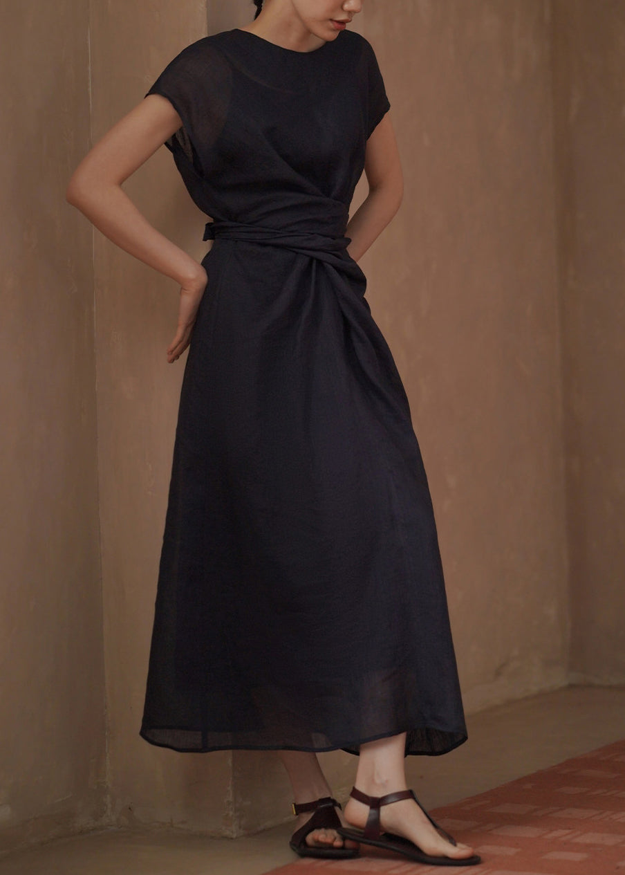 Women's Long Dress Casual Tie Waist O-Neck 2