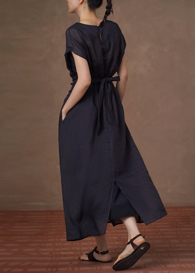 Women's Long Dress Casual Tie Waist O-Neck 4
