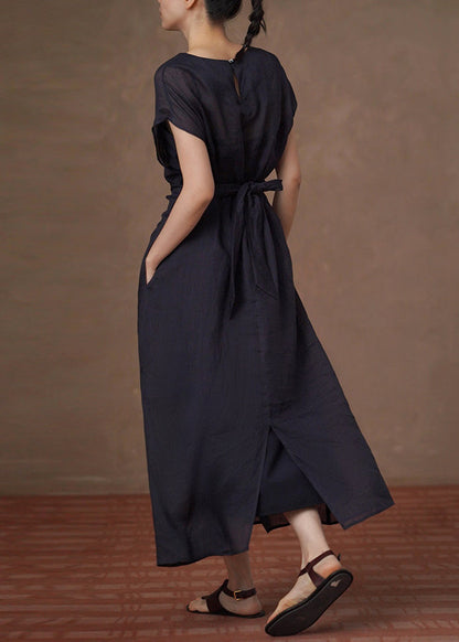 Women's Long Dress Casual Tie Waist O-Neck 4