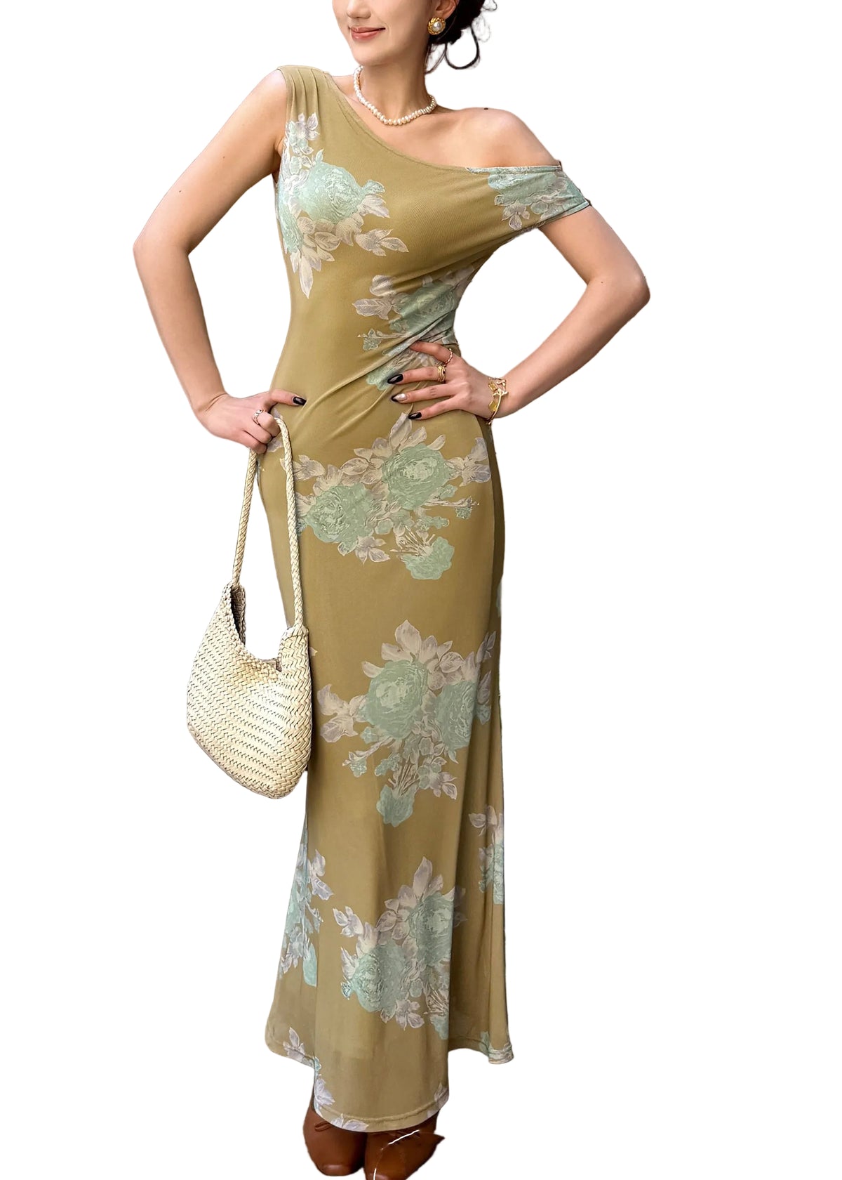 Women’s Long Dress O-Neck Printed Tulle Fish-Tail Style 0