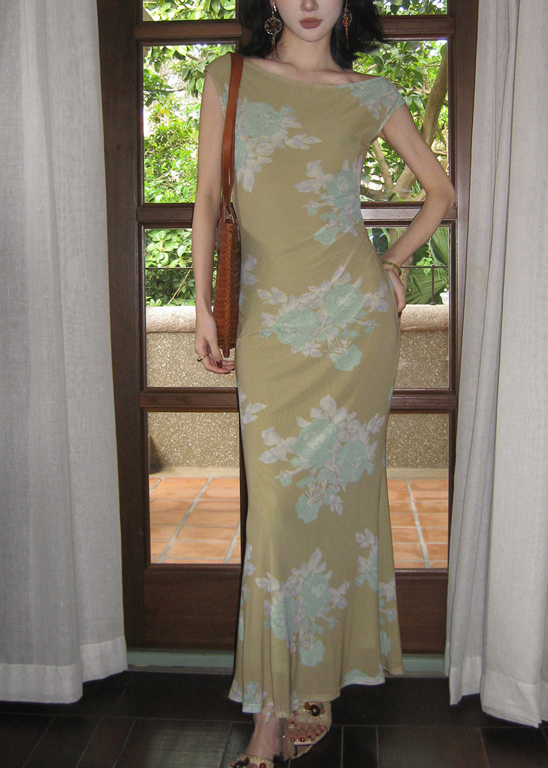 Women’s Long Dress O-Neck Printed Tulle Fish-Tail Style 1