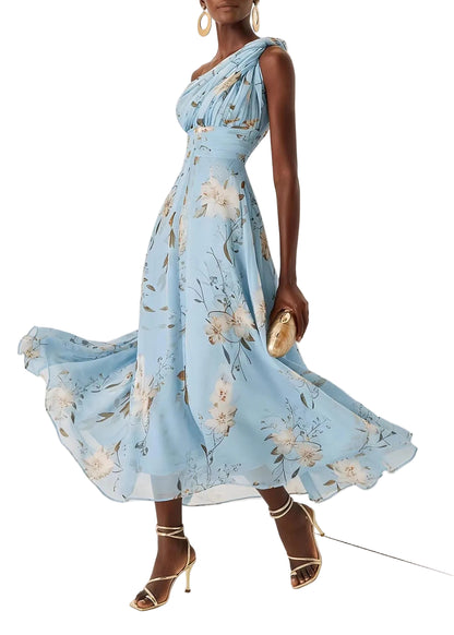 Women's Long Dress One Shoulder Wrinkled Print 0