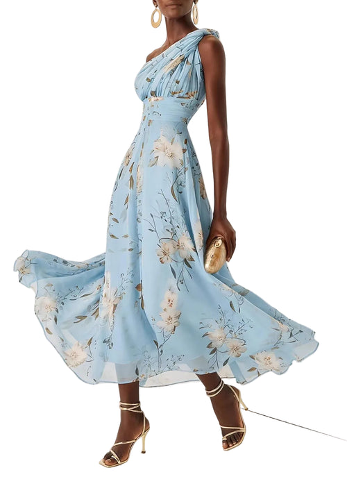 Women's Long Dress One Shoulder Wrinkled Print 0