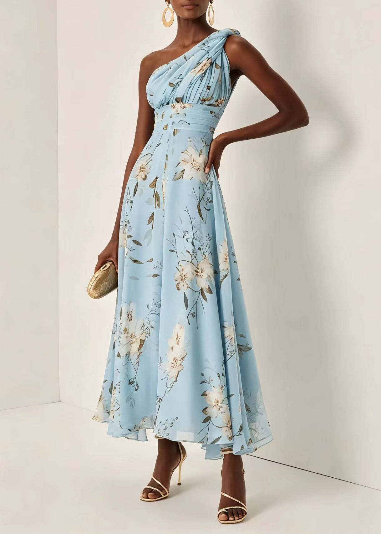 Women's Long Dress One Shoulder Wrinkled Print 1
