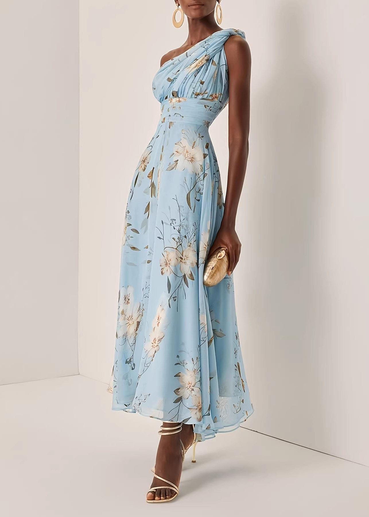 Women's Long Dress One Shoulder Wrinkled Print 2